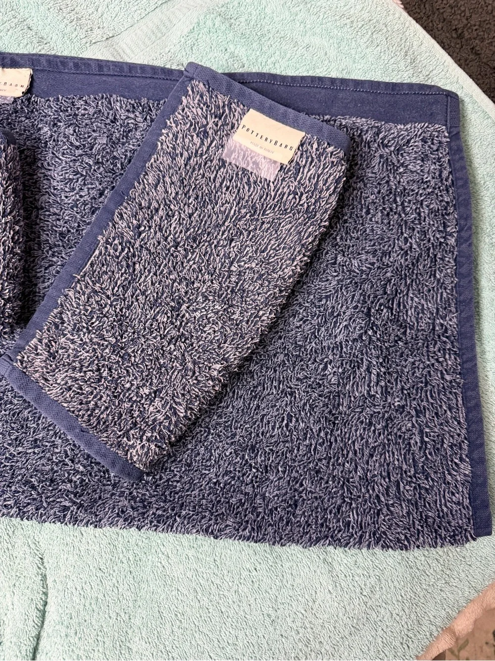 Pottery Barn (2) 11”x11” (1) 19.5”W x28”L Navy Blue Plush Terry Hand Towel